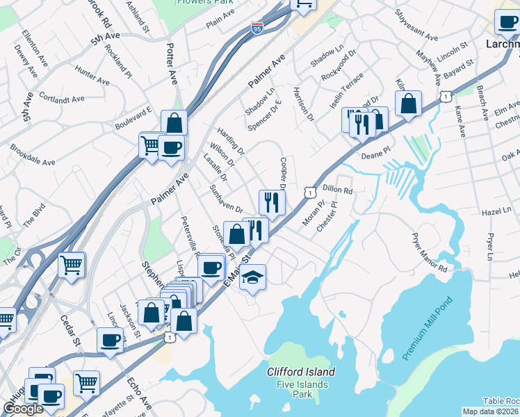 map of restaurants, bars, coffee shops, grocery stores, and more near 47 Harding Drive in New Rochelle