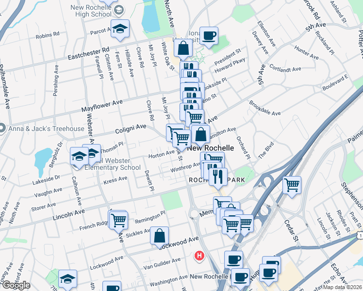map of restaurants, bars, coffee shops, grocery stores, and more near in New Rochelle