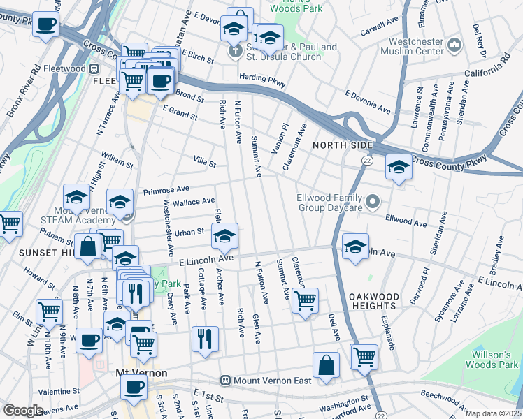 map of restaurants, bars, coffee shops, grocery stores, and more near 251 North Fulton Avenue in Mount Vernon