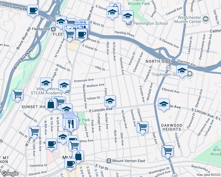 map of restaurants, bars, coffee shops, grocery stores, and more near 256 Rich Avenue in Mount Vernon