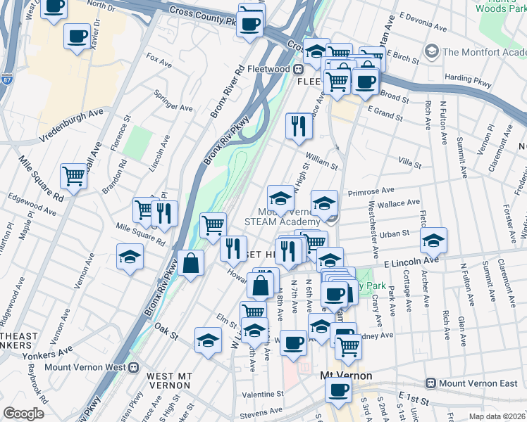 map of restaurants, bars, coffee shops, grocery stores, and more near 430 North Terrace Avenue in Mount Vernon