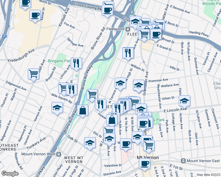 map of restaurants, bars, coffee shops, grocery stores, and more near 430 North Terrace Avenue in Mount Vernon