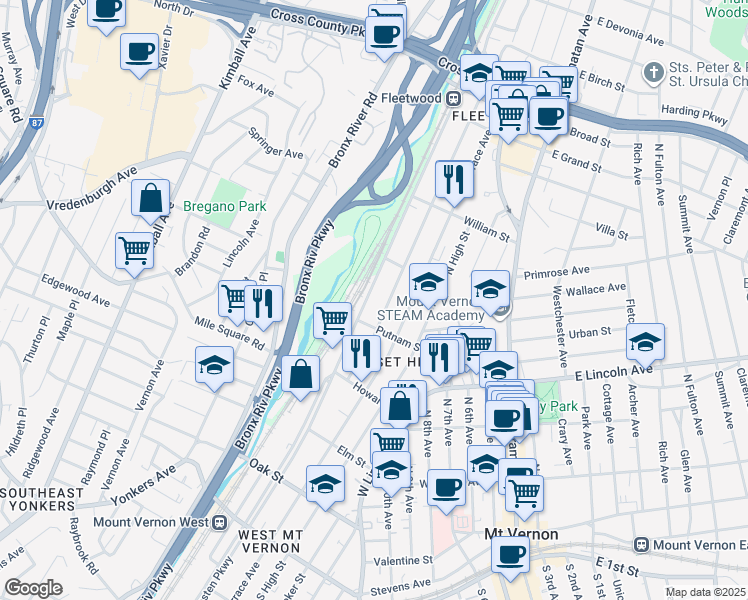 map of restaurants, bars, coffee shops, grocery stores, and more near 417 North MacQuesten Parkway in Mount Vernon