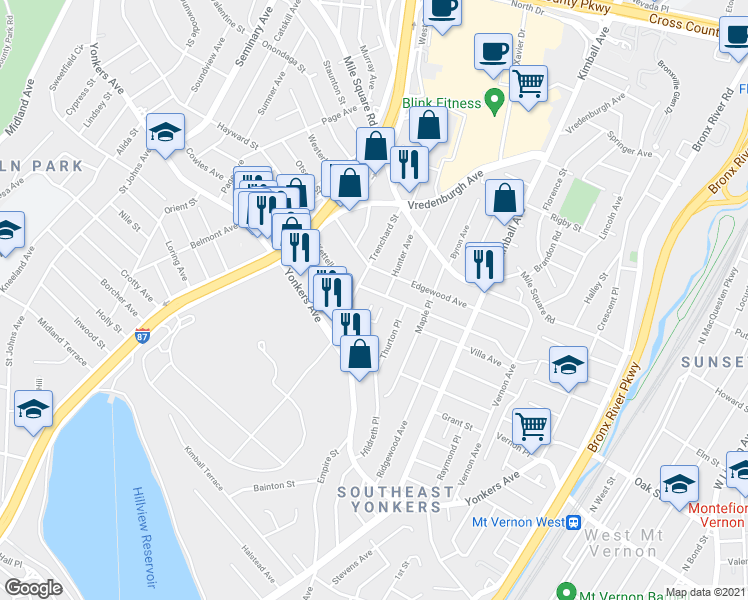 map of restaurants, bars, coffee shops, grocery stores, and more near 115 Gaffney Place in Yonkers