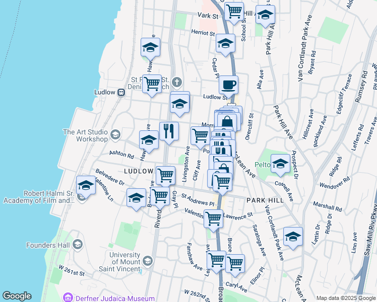 map of restaurants, bars, coffee shops, grocery stores, and more near 50 Post Street in Yonkers