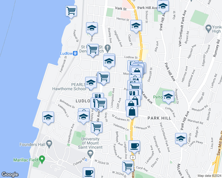 map of restaurants, bars, coffee shops, grocery stores, and more near 76 Post Street in Yonkers