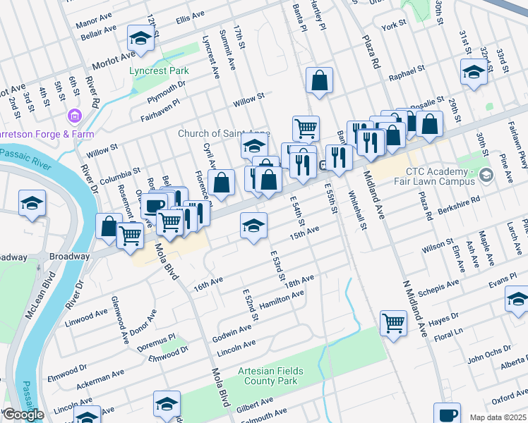 map of restaurants, bars, coffee shops, grocery stores, and more near 10 East 53rd Street in Elmwood Park