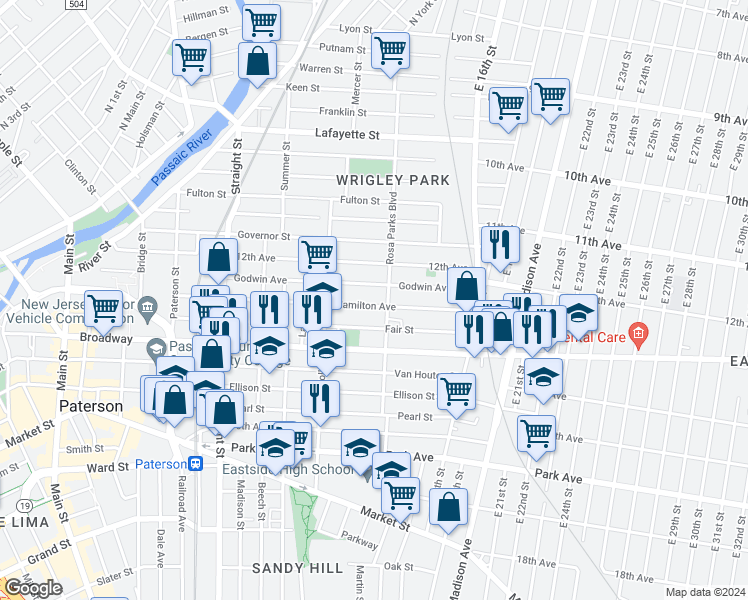 map of restaurants, bars, coffee shops, grocery stores, and more near 278 Hamilton Avenue in Paterson