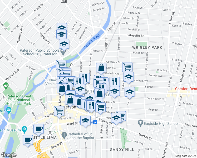 map of restaurants, bars, coffee shops, grocery stores, and more near 103 Fair Street in Paterson