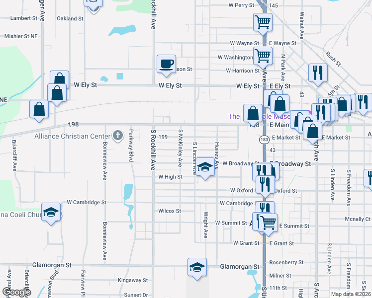map of restaurants, bars, coffee shops, grocery stores, and more near 326 West Columbia Street in Alliance