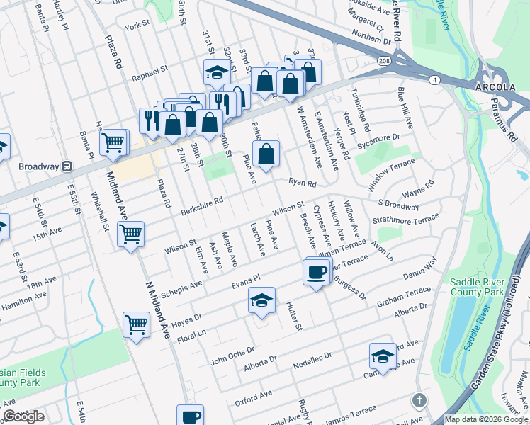 map of restaurants, bars, coffee shops, grocery stores, and more near 148 Wilson Street in Saddle Brook