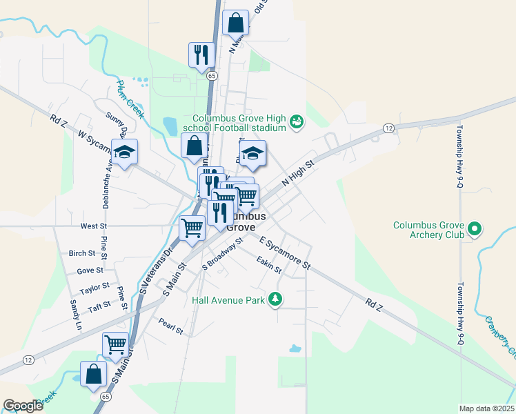 map of restaurants, bars, coffee shops, grocery stores, and more near 132 Ohio 12 in Columbus Grove