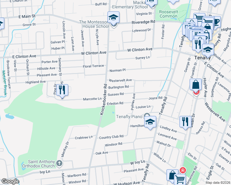 map of restaurants, bars, coffee shops, grocery stores, and more near 157 Sussex Road in Tenafly