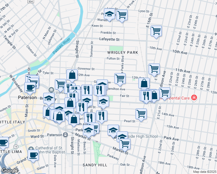 map of restaurants, bars, coffee shops, grocery stores, and more near 255 Hamilton Avenue in Paterson