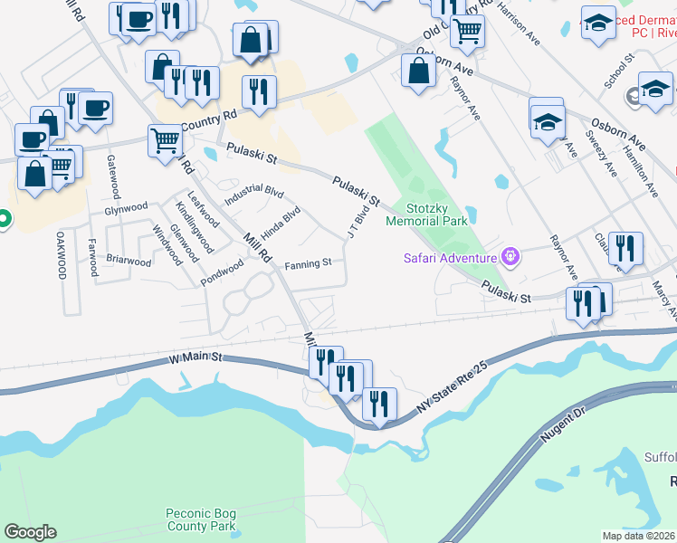 map of restaurants, bars, coffee shops, grocery stores, and more near 62 J T Boulevard in Riverhead