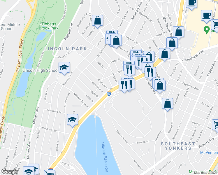 map of restaurants, bars, coffee shops, grocery stores, and more near 467 Central Park Avenue in Yonkers