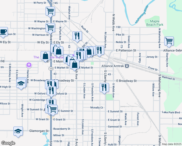map of restaurants, bars, coffee shops, grocery stores, and more near 149 South Freedom Avenue in Alliance