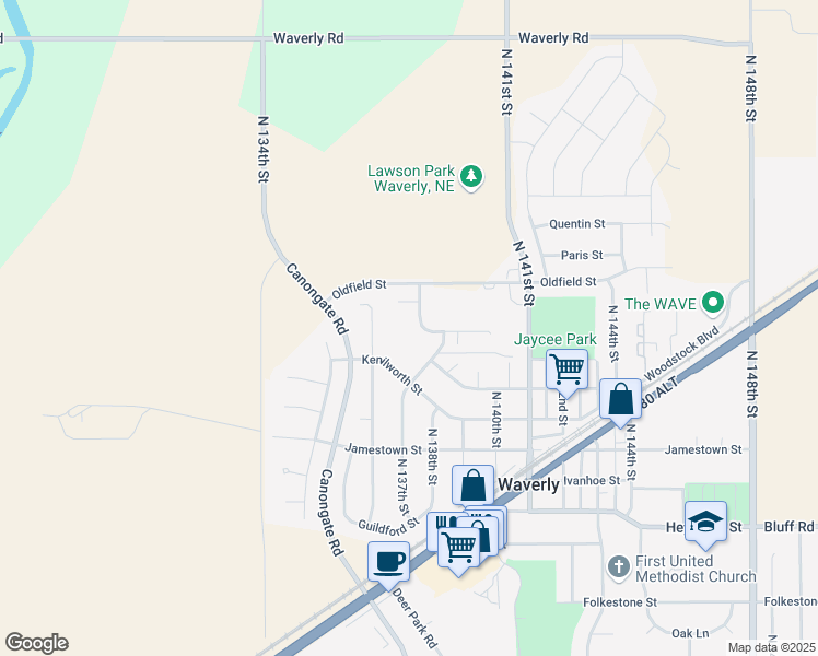 map of restaurants, bars, coffee shops, grocery stores, and more near 11041 North 137th Street in Waverly