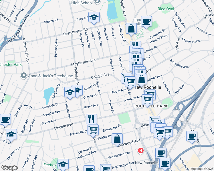 map of restaurants, bars, coffee shops, grocery stores, and more near 38 Ferdinand Place in New Rochelle