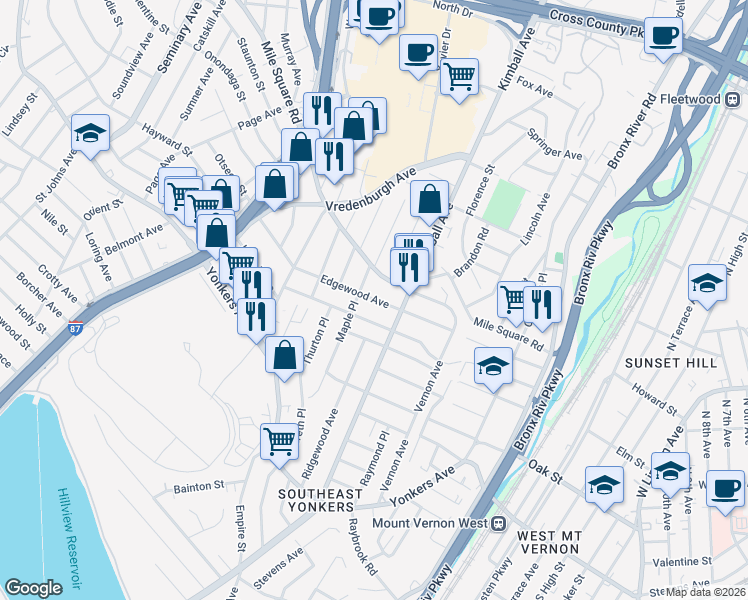 map of restaurants, bars, coffee shops, grocery stores, and more near 158 Edgewood Avenue in Yonkers