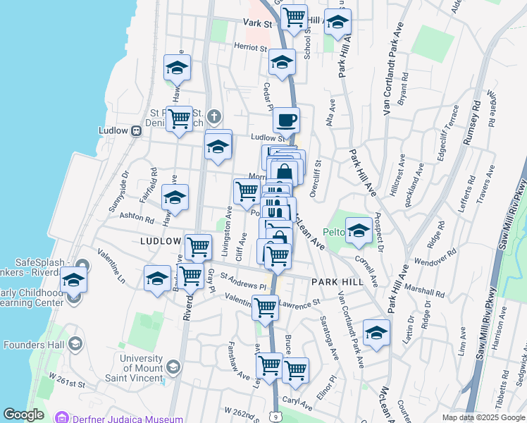 map of restaurants, bars, coffee shops, grocery stores, and more near 26 Post Street in Yonkers