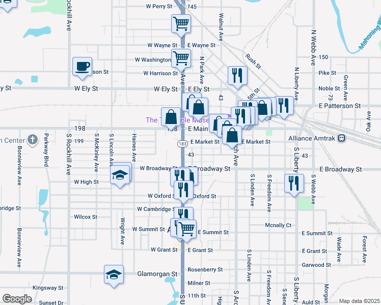 map of restaurants, bars, coffee shops, grocery stores, and more near 45 East Columbia Street in Alliance