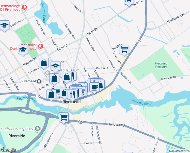 map of restaurants, bars, coffee shops, grocery stores, and more near 204 Union Avenue in Riverhead
