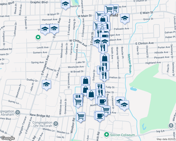 map of restaurants, bars, coffee shops, grocery stores, and more near 33 Woodbine Street in Bergenfield