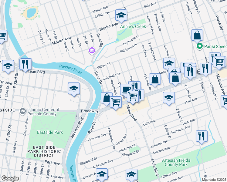 map of restaurants, bars, coffee shops, grocery stores, and more near 85 Rosemont Avenue in Elmwood Park