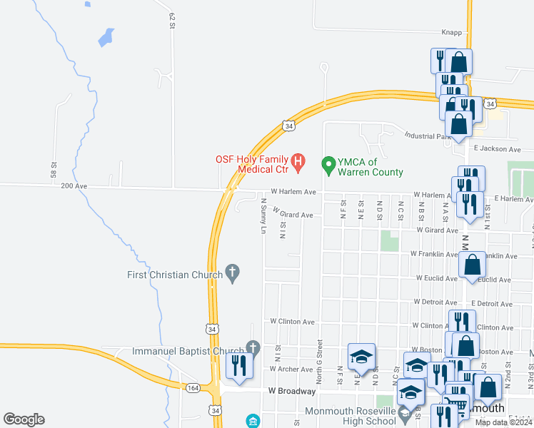 map of restaurants, bars, coffee shops, grocery stores, and more near 745 North Sunny Lane in Monmouth