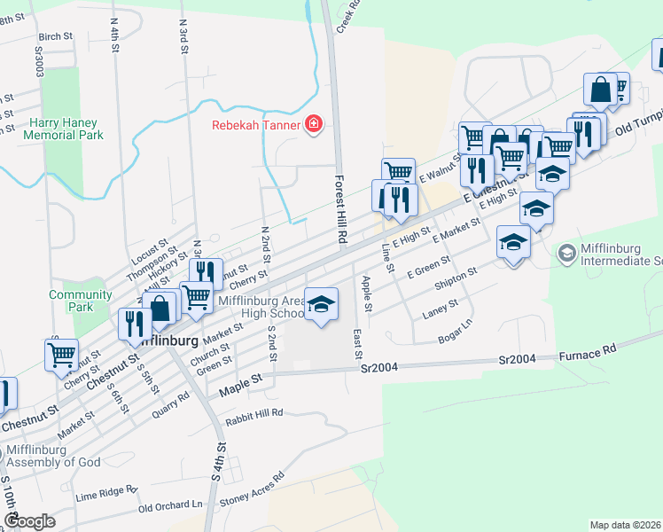map of restaurants, bars, coffee shops, grocery stores, and more near 93 Chestnut Street in Mifflinburg