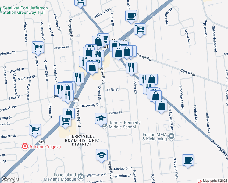 map of restaurants, bars, coffee shops, grocery stores, and more near 6 Cully Street in Port Jefferson Station
