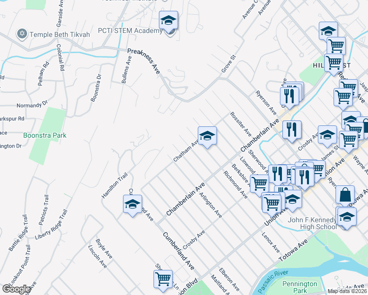 map of restaurants, bars, coffee shops, grocery stores, and more near 129 Chatham Avenue in Paterson