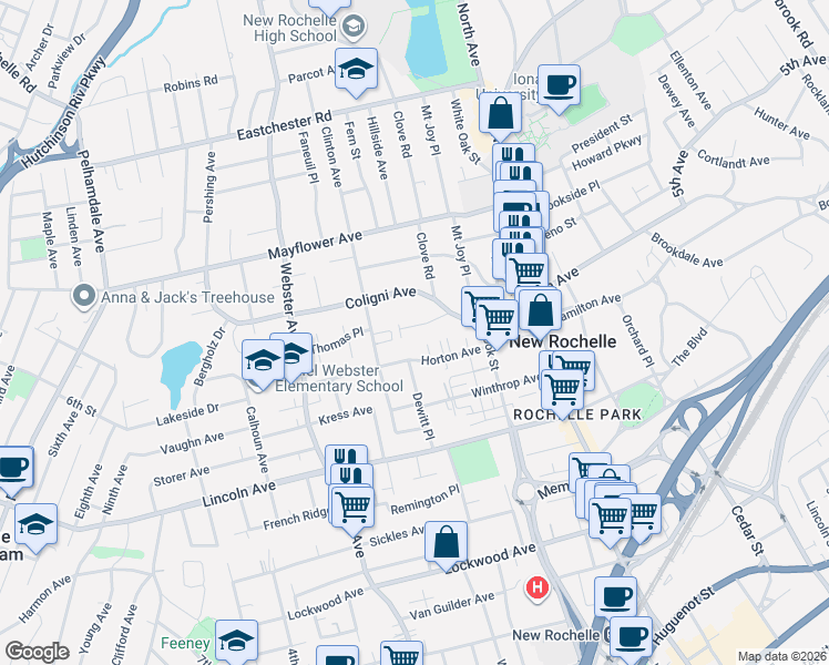map of restaurants, bars, coffee shops, grocery stores, and more near 38 Ferdinand Place in New Rochelle