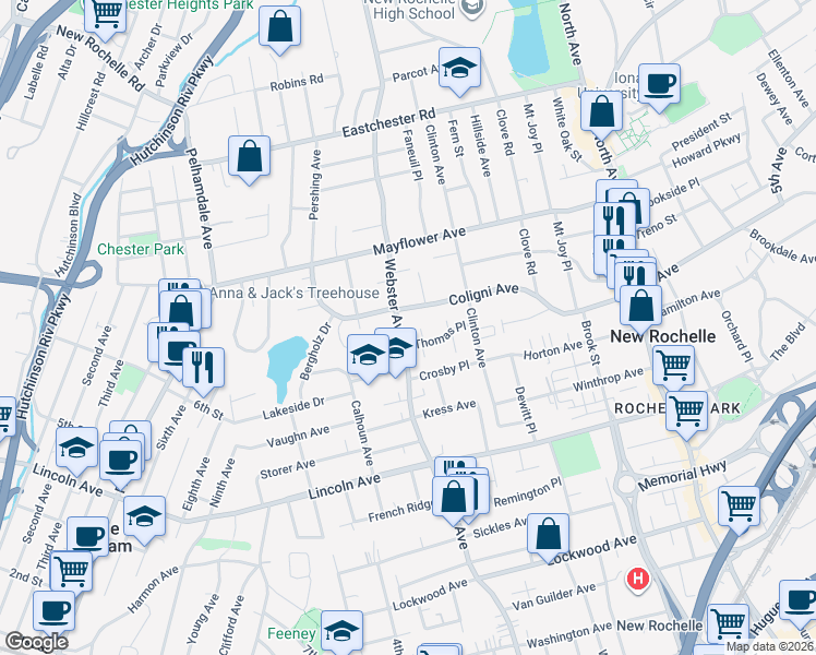 map of restaurants, bars, coffee shops, grocery stores, and more near 1 Holly Drive in New Rochelle