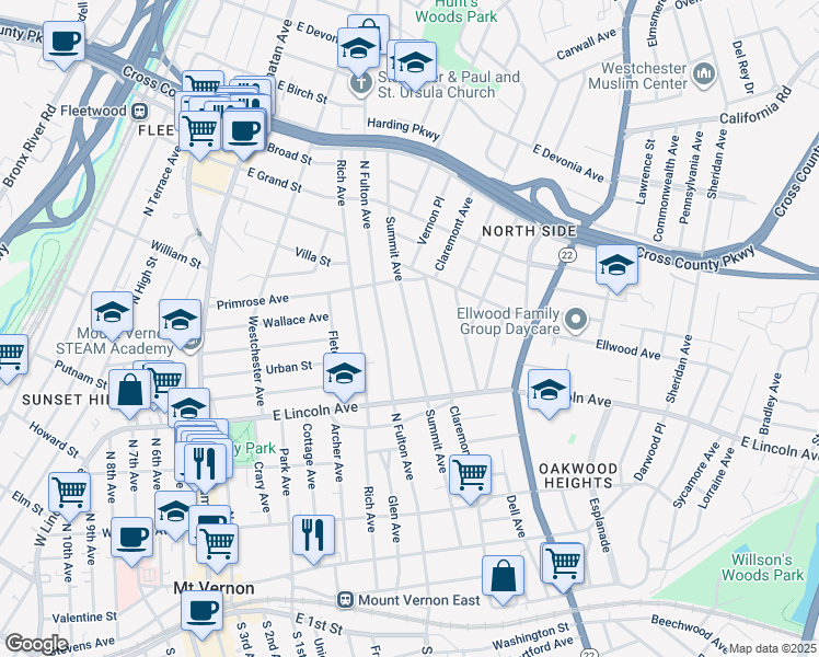 map of restaurants, bars, coffee shops, grocery stores, and more near 251 North Fulton Avenue in Mount Vernon
