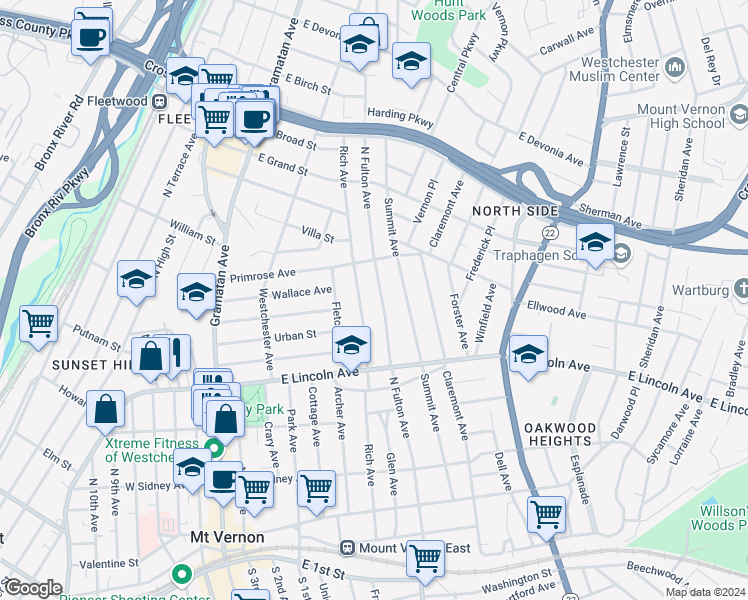 map of restaurants, bars, coffee shops, grocery stores, and more near 256 Rich Avenue in Mount Vernon