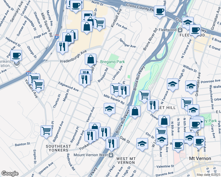 map of restaurants, bars, coffee shops, grocery stores, and more near 21 Halley Street in Yonkers