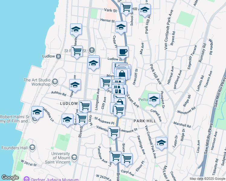 map of restaurants, bars, coffee shops, grocery stores, and more near 26 Post Street in Yonkers