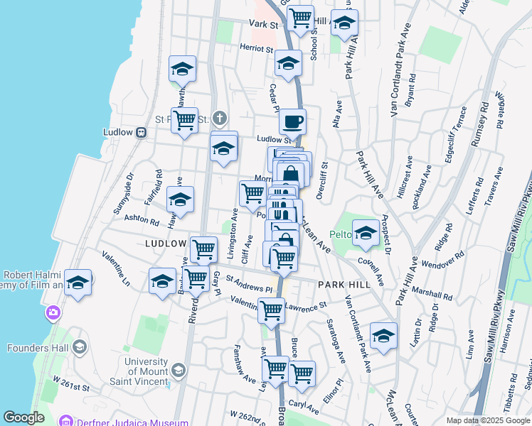 map of restaurants, bars, coffee shops, grocery stores, and more near 26 Post Street in Yonkers