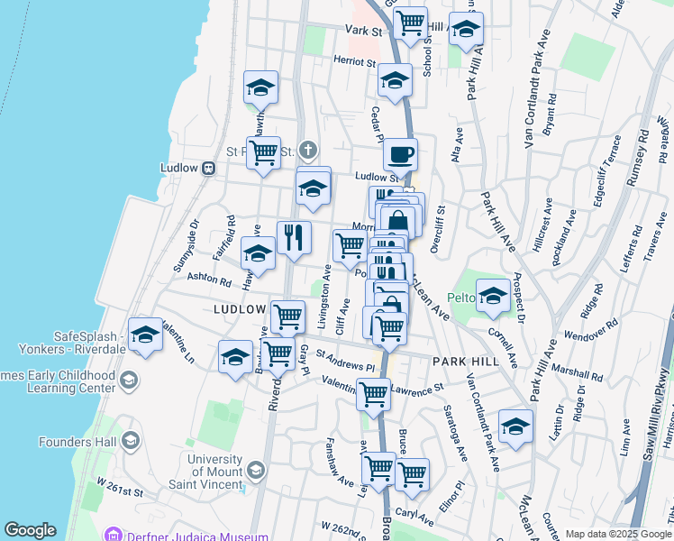 map of restaurants, bars, coffee shops, grocery stores, and more near 50 Post Street in Yonkers