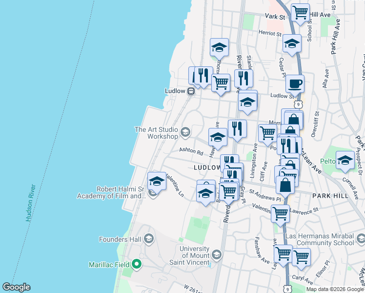 map of restaurants, bars, coffee shops, grocery stores, and more near 62 Ashton Road in Yonkers