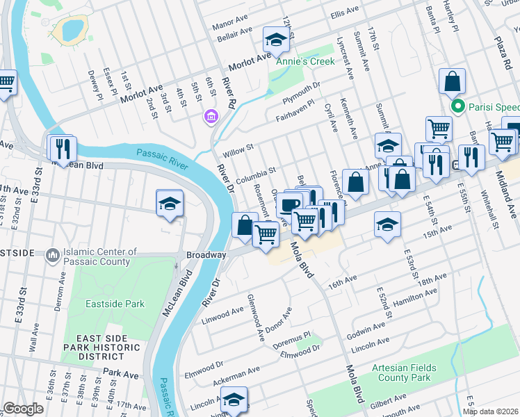 map of restaurants, bars, coffee shops, grocery stores, and more near 85 Rosemont Avenue in Elmwood Park