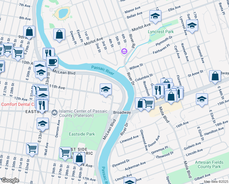 map of restaurants, bars, coffee shops, grocery stores, and more near 789 11th Avenue in Paterson