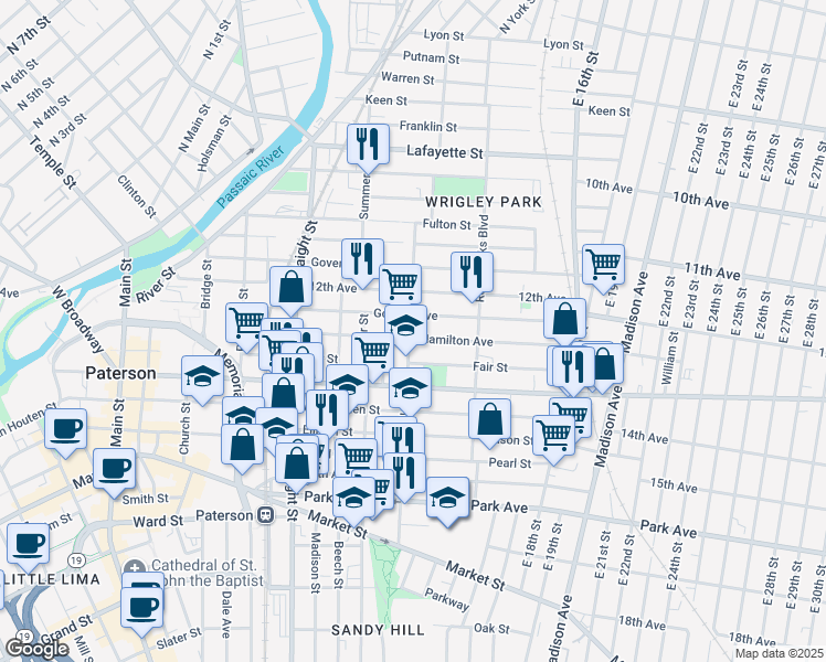 map of restaurants, bars, coffee shops, grocery stores, and more near 137 Carroll Street in Paterson