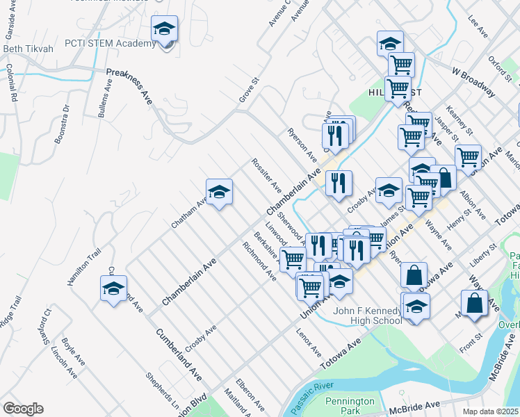 map of restaurants, bars, coffee shops, grocery stores, and more near 195 Chamberlain Avenue in Paterson