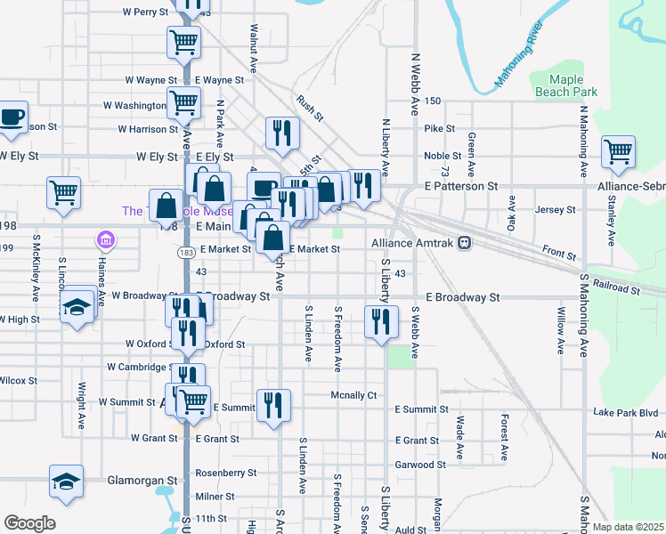 map of restaurants, bars, coffee shops, grocery stores, and more near 149 South Freedom Avenue in Alliance