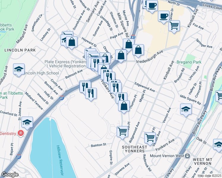 map of restaurants, bars, coffee shops, grocery stores, and more near 869 Yonkers Avenue in Yonkers