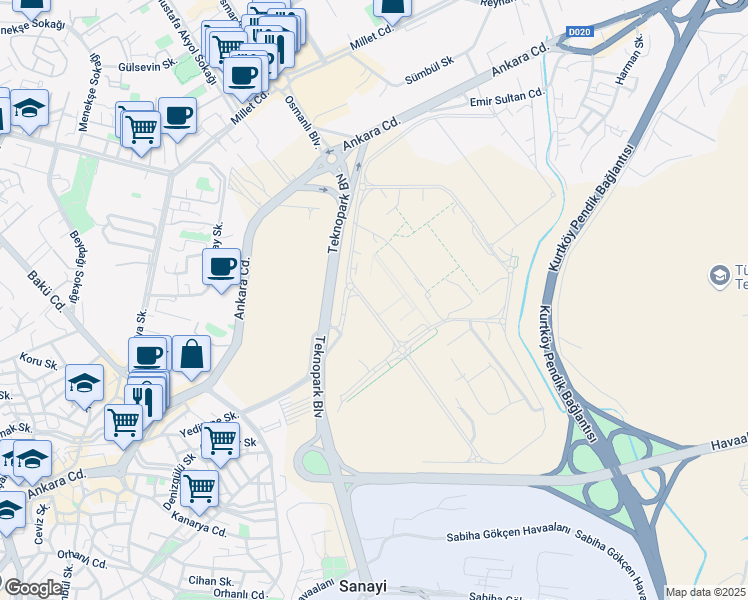 map of restaurants, bars, coffee shops, grocery stores, and more near No:1 Teknopark Bulvarı in Pendik