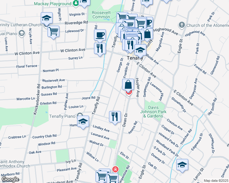 map of restaurants, bars, coffee shops, grocery stores, and more near 58 George Street in Tenafly